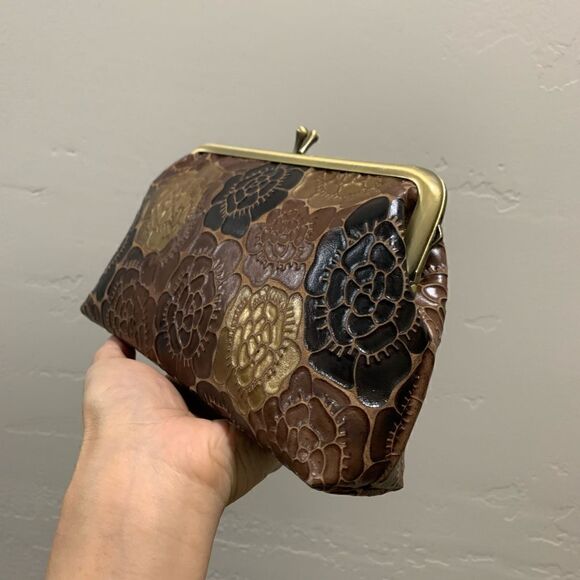 Handmade Genuine Leather Floral Embossed, Metal Frame Small Clutch/Phone Case - Picture 9 of 11